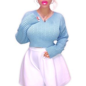 PERIWINKLE BABY BLUE CABLE KNIT CROPPED SWEATER